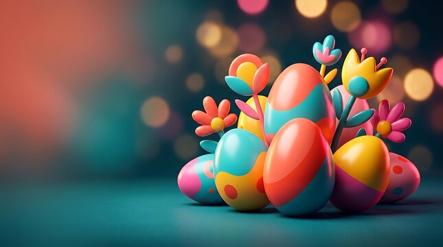 Colorful Easter eggs and stylized flowers on surface with copy space