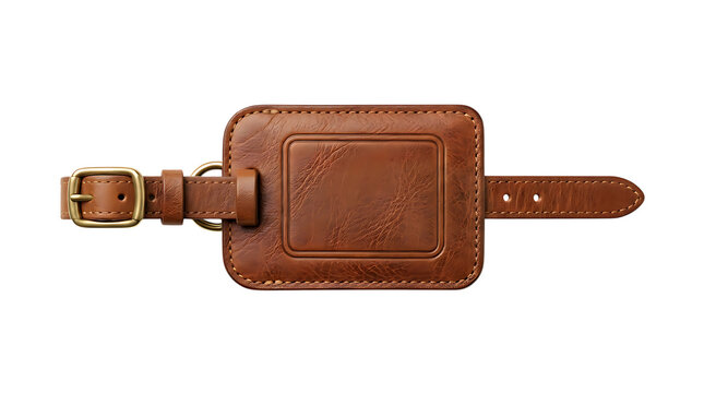 A brown leather luggage tag with a buckle strap and a metal frame, isolated on a black background, for travel and, identification purposes