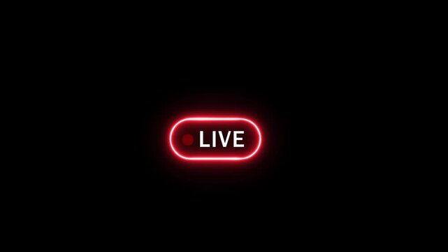 Glowing red neon live streaming indicator button with pulsing recording dot for digital broadcasts, social media creation, online gaming channels, and virtual event overlays