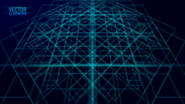 Abstract cyan geometric web lines pattern. Futuristic tech style vector art. Fashion clothing patches stickers print. Dark blue background digital design.