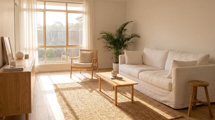 Fototapeta premium Modern living room interior with a comfortable couch armchair wooden coffee table and house plant in sunny home