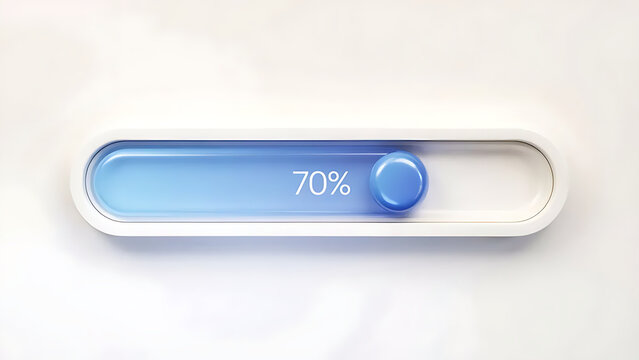 3D Render of a Glass Capsule Slider Loading Bar Displaying 70 Percent Progress with Blue Fill and Knob on White Background