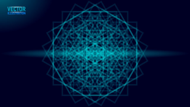 Abstract cyan geometric web lines pattern. Futuristic tech style vector art. Fashion clothing patches stickers print. Dark blue background digital design.