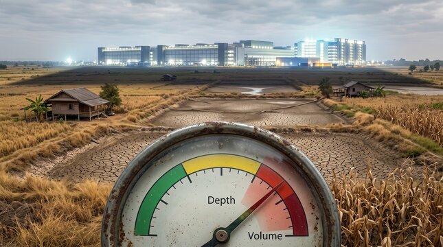 Photorealistic Wide-Angle View Of Industrial Gauge Foreground With Drought Landscape Middle Ground And Illumin