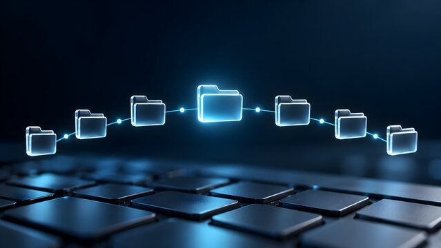 Sequential chain of floating digital folders over a computer keyboard visualizing data pipeline and file synchronization
