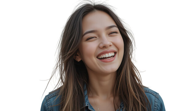Radiant Smile of Joy: A young woman with a genuine, infectious smile radiates happiness and carefree spirit, her eyes closed in delight.
