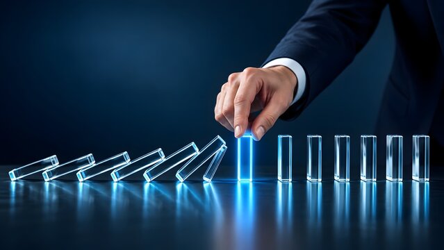 Corporate executive hand intervening to stop falling glass dominos representing business risk management