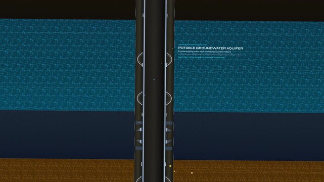 3D animation of wellbore zonal isolation process showing mechanical packer deployment and precision cement injection to protect potable groundwater aquifer from subterranean gas reservoir