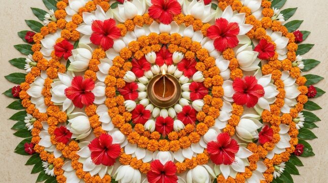 Traditional floral rangoli pattern with a lit diya lamp for Diwali festival