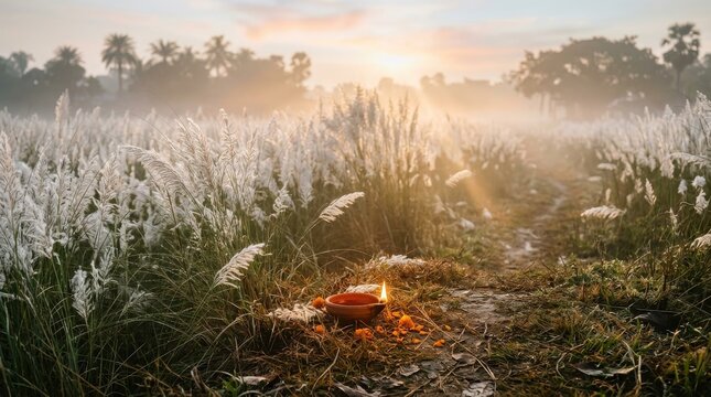 Lit clay diya lamp placed in a field of white kash flowers at sunrise