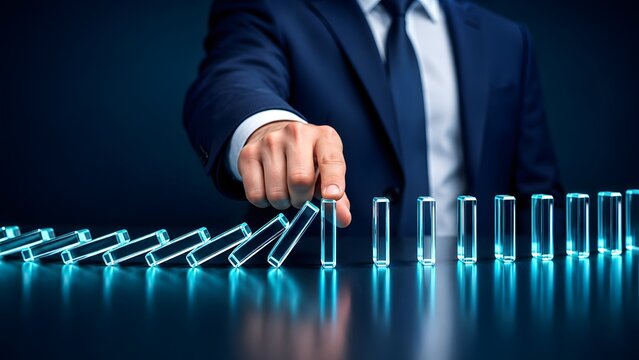 Business leader finger stopping a falling domino chain reaction to prevent corporate financial crisis