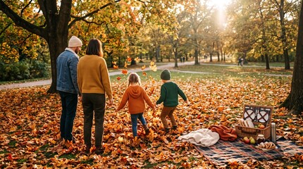 Obraz premium A family stands among falling leaves during an autumn picnic in a sunlit park. Concept of cozy family gatherings, outdoor recreation, and seasonal activities for stock photos. Generative AI.