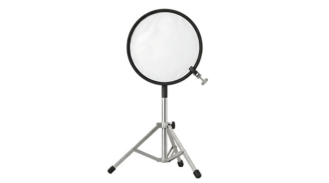 Light reflector disc with collapsible fabric screen on a tripod stand, studio lighting equipment on a white background