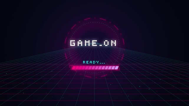 Retro 80s synthwave gaming loading screen with Game On pixel text and progress bar loop