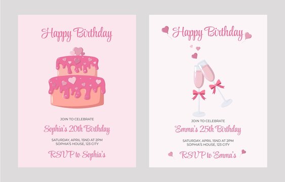 Set of two pink birthday invitation cards featuring a cake with heart decorations and champagne glasses with bows. Festive designs perfect for party planning, celebration decor