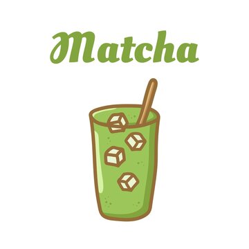 Illustration of a tall iced matcha drink in a glass with ice cubes and a stirring stick. Green stylized Matcha text above. Fresh beverage design perfect for cafe branding