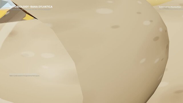 3D animation explaining the cryobiology and freezing survival mechanism of the wood frog Rana sylvatica showing hepatic glucose flood cellular vitrification shield and suspended animation