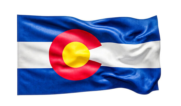 Waving blue white red flag of Colorado state with iconic circle symbol.