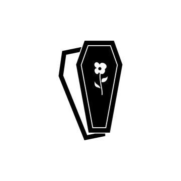 This is a minimalist vector illustration of a coffin icon, featuring a simple, clean, and solid glyph style. The icon can be used as a symbol, sign, or logo.