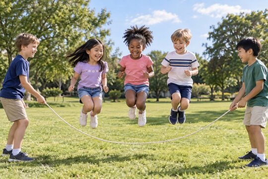 A diverse group of children from different racial and ethnic backgrounds happily playing jump rope together on a green grassy field.