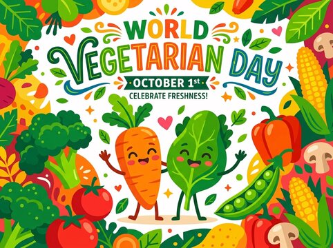 Cartoon poster for world vegetarian day featuring cute vegetable characters