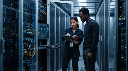 Fototapeta premium IT Professionals Analyzing Data on Tablet and Screen in Modern Server Room