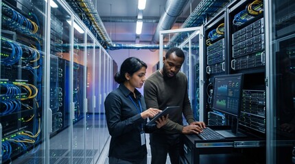 Fototapeta premium IT Professionals Analyzing Data on Tablet and Screen in Modern Server Room