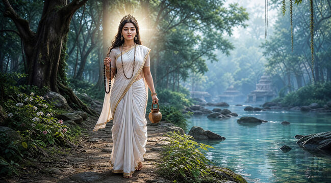 Divine depiction of Maa Brahmacharini in white saree holding a japamala and kamandalu, radiating serene grace and spiritual devotion along a sacred riverside path in the lush forest.