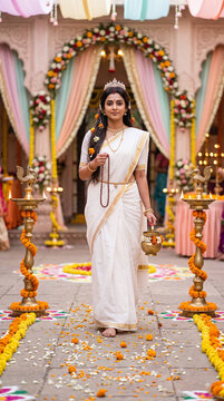 portrays Goddess Brahmacharini in a white saree, holding a japamala and kamandalu, walking through a festive courtyard adorned with floral arches and diyas