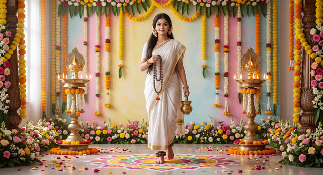 Divine Goddess Brahmacharini stands gracefully in a festive setting, wearing a pristine white saree, holding a japamala and kamandalu amid vibrant rangoli, marigolds, and glowing brass diyas.