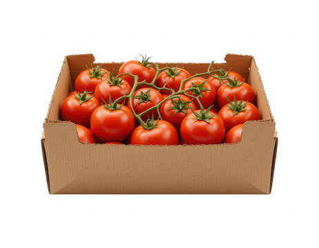 Fresh Tomato Harvest: A carton brimming with ripe, red tomatoes still on the vine, showcasing nature's bounty and the vibrant essence of summer produce, ready for culinary delight.