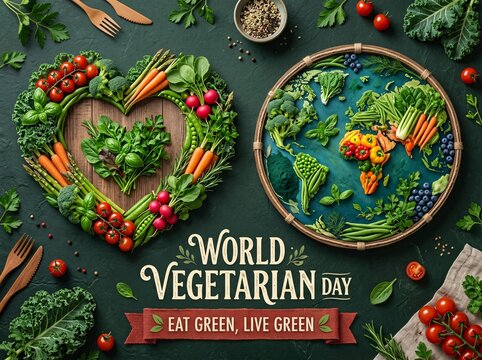 World vegetarian day celebration with fresh vegetable heart and world map layout
