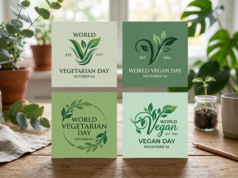 World vegetarian day and world vegan day square badge templates on wooden table