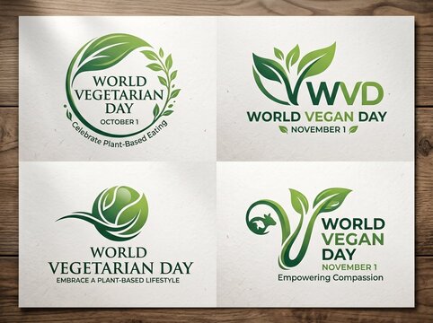 Set of four minimalist logos for world vegetarian day and world vegan day events