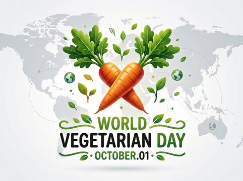 World vegetarian day greeting card design with crossed carrots and map background
