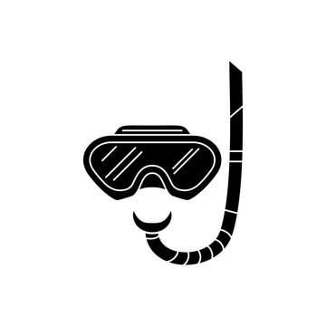 This is a minimalist vector illustration of a Mask and Snorkel icon, featuring a simple, clean, and solid glyph style. The icon can be used as a symbol, sign, or logo