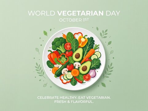 World vegetarian day plate full of healthy fresh vegetables on green wood background
