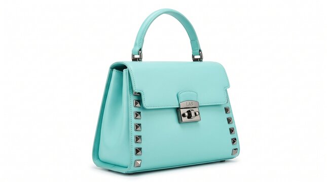 Elegant light blue leather handbag with metallic studs isolated on a white background.