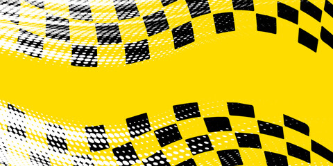 Obraz premium Abstract Yellow and Black Waving Checkered Flag Background with Halftone Dot Effect. Dynamic Speed Racing Vector Template with Copy Space for Sports Banners, Automotive Events, and Rally Posters.