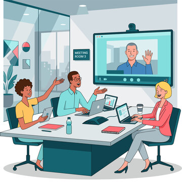 Hybrid Video Conference Vector Illustration of Office Team Communicating with Remote Worker