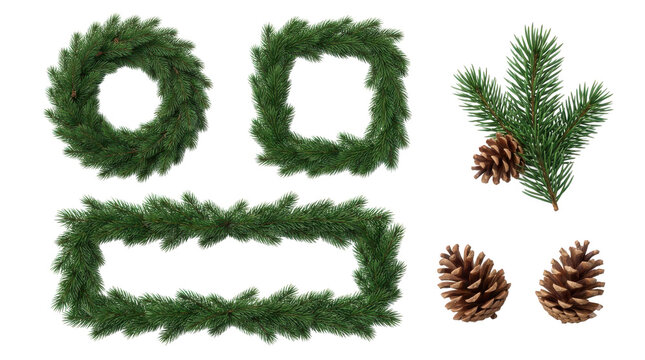 Christmas pine wreaths and frames with brown pine cones isolated on transparent background