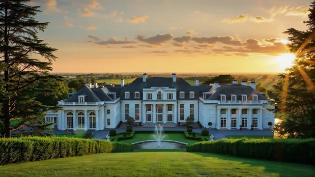 Grand Mansion with Fountain at Sunset in Landscaped Gardens Cinematic Luxury Real Estate Property View