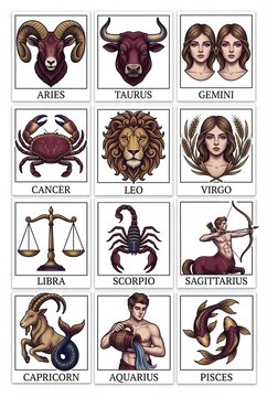 Astrology zodiac signs set with character illustrations, complete collection of twelve horoscope symbols with names isolated on white background, mystical western astrological wheel elements.