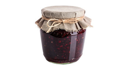 Glass jar filled with red berry jam isolated on transparent background © Lewis