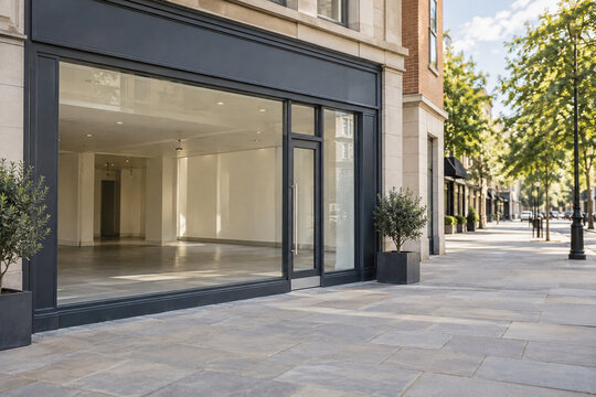Empty retail shop with glass frontage on a quiet street