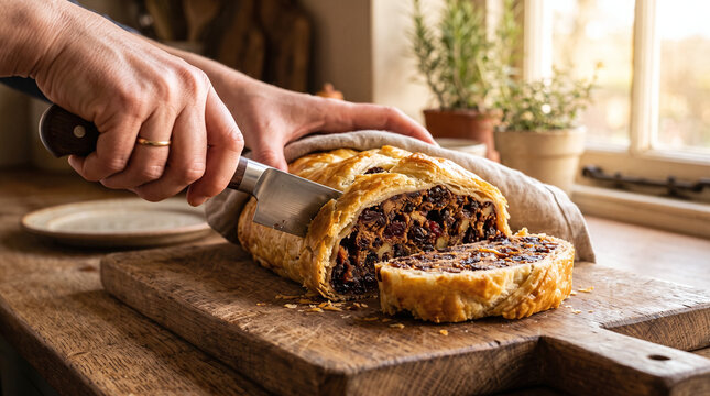 Hands slicing a traditional Scottish black bun fruitcake for Hogmanay feast