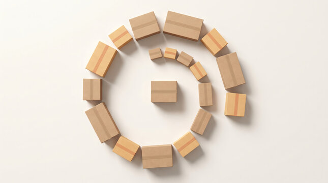 Brown cardboard boxes arranged in a spiral pattern on white background