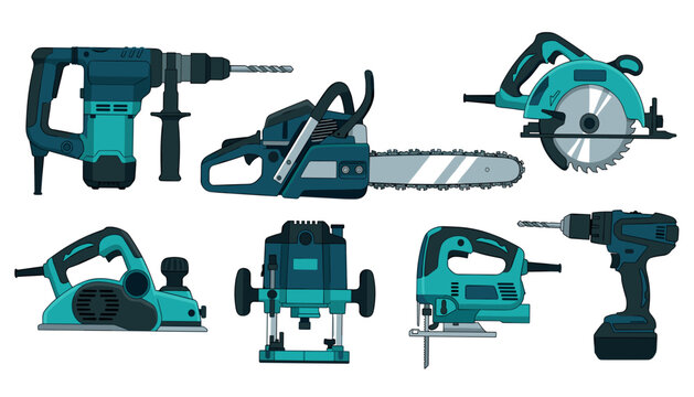 Industrial electric power tools vector hardware set. Hammer drill, chainsaw, circular saw, planer, router, jigsaw and cordless screwdriver.