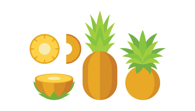 Fresh pineapple fruit vector icon set. Whole pineapples with green leaves, round ring slices, half cut pineapple, sweet tropical fruit and organic food elements.