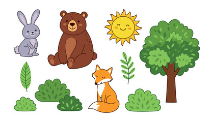 Obraz premium Cute woodland animals and forest nature element set. Rabbit, grizzly bear, fox, smiling sun, green tree, bushes, foliage and wildlife clip art illustrations.